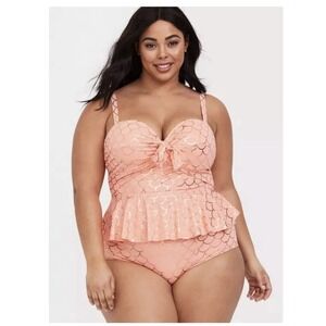 Torrid Peach Rose Gold Mermaid‎ Tie Front Underwire Peplum Midkini Top Size 2X